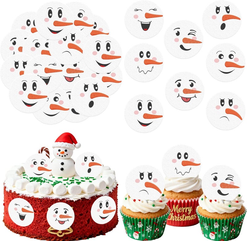 Fyeoxle 36PCS Snowman Face Cupcake Toppers Wafer Paper Winter Snows Cupcake Decor Snowman Dessert Picks for Merry Christmas Theme Holiday Party Baby Shower Supplies - Image 1